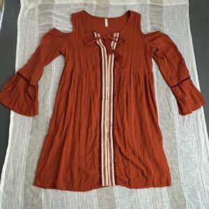 Xhilaration Dress Womens XXL Orange Cold Shoulder Boho Bell Sleeve Tassel Trim